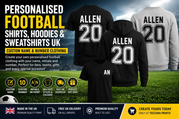 Personalised football shirt, hoodie and sweatshirt with custom surname, initials and jersey number printed on the back and front, personalised sports clothing by TeezoraPrints UK.