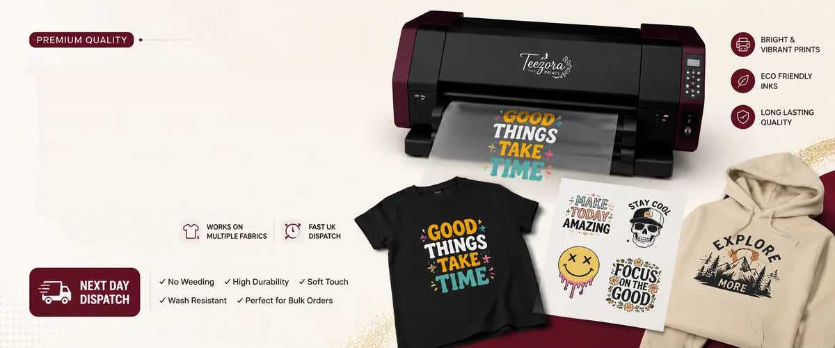 Teezora Prints mobile homepage banner showcasing premium DTF transfer printing services for custom clothing, personalised T-shirts, hoodies, sweatshirts and apparel in the UK. High-quality heat transfers with vibrant colours, strong adhesion, eco-friendly inks, next-day dispatch, fast UK shipping, durable prints and bulk DTF transfer solutions for businesses, brands and personal projects.1621243260e1af0c20-0