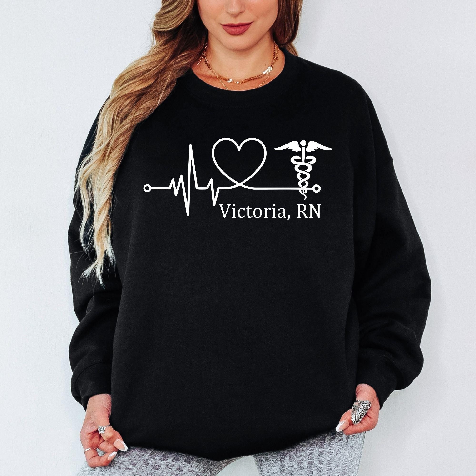 Personalised RN Nurse Sweatshirt Custom Name Medical Heartbeat Gift
