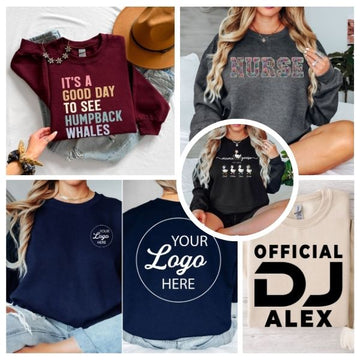 Teezora Prints sweatshirt collection featuring personalised sweatshirts, custom logo sweatshirts, nurse sweatshirts, DJ sweatshirts, graphic sweatshirts and embroidered style designs. Premium unisex crewneck sweatshirts printed in the UK, perfect for personalised gifts, workwear, business branding, family matching outfits and everyday casual wear with fast dispatch and free UK delivery.