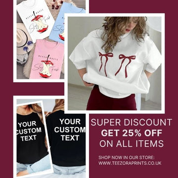 Teezora Prints T-shirt collection featuring personalised T-shirts, custom logo T-shirts, graphic T-shirts, printed T-shirts, business branded T-shirts and custom text apparel. Premium unisex T-shirts printed in the UK, perfect for personalised gifts, workwear, promotional clothing, family matching outfits, small business branding and everyday casual wear with fast dispatch and free UK delivery.