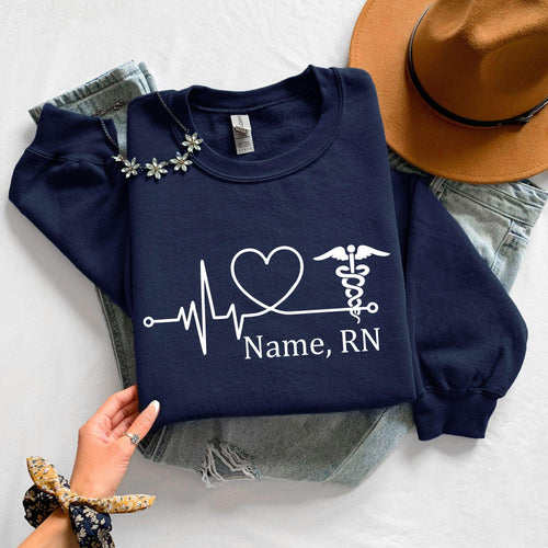 Personalised RN Nurse Sweatshirt Custom Name Medical Heartbeat Gift