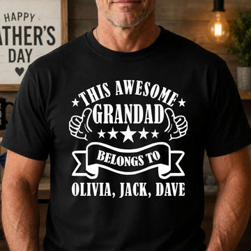 Personalised Grandad gifts collection featuring custom Grandad T Shirts with children's names. Perfect Father's Day gift, birthday present, Christmas gift, Grandpa shirt and family keepsake. Personalised family clothing professionally printed in the UK with premium quality, comfortable fit and fast UK dispatch.