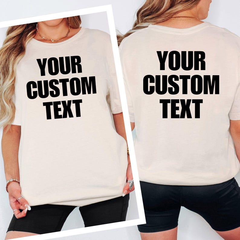Personalised Custom Text Front And Back T Shirt featuring custom wording printed on both the front and back of a premium unisex t shirt. This personalised text shirt allows customers to add names, slogans, quotes, business wording or custom messages to create unique clothing. Professionally printed in the UK using premium DTF printing for long-lasting durability and vibrant results.