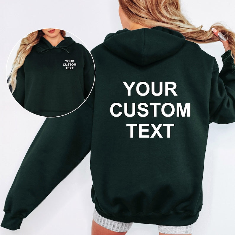 Stylish personalised hoodie featuring bold custom typography printed on both the front and back. This modern custom clothing design pairs effortlessly with jeans, joggers and casual outfits while creating a strong statement look suitable for contemporary streetwear and personalised fashion trends.