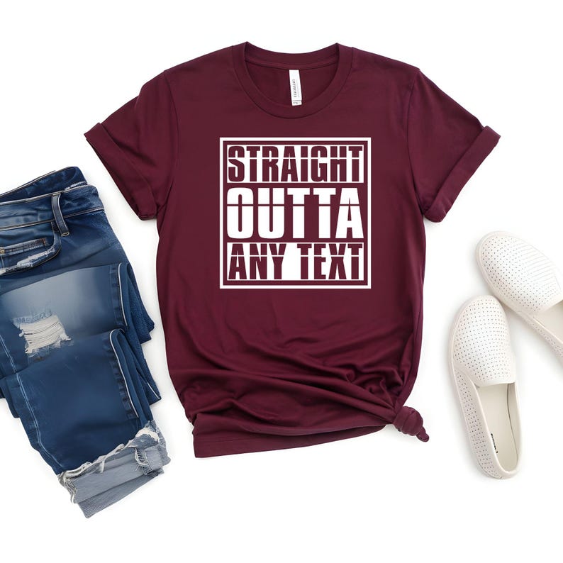 Straight Outta Any Text t shirt perfect for birthdays, Christmas celebrations, hen parties, stag parties, business events, promotional campaigns, family reunions, sports teams, friendship groups and personalised gift occasions. A versatile custom shirt suitable for a wide range of special events and memorable celebrations.