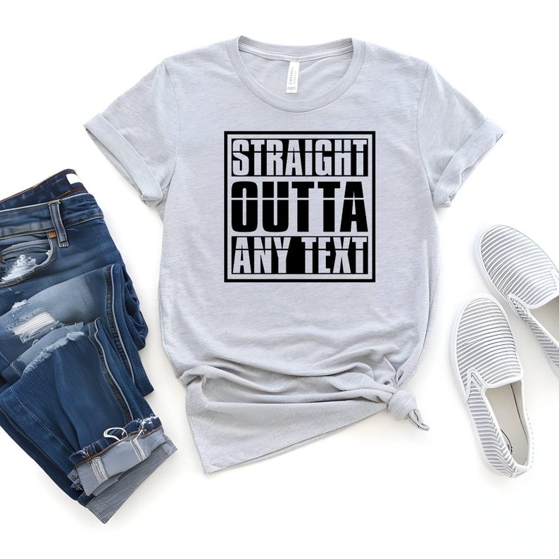 Stylish personalised t shirt featuring bold typography inspired by the iconic Straight Outta design. This modern custom shirt pairs perfectly with jeans, joggers, shorts and casual outfits, creating a fashionable statement look suitable for everyday wear, streetwear styling and personalised fashion trends.