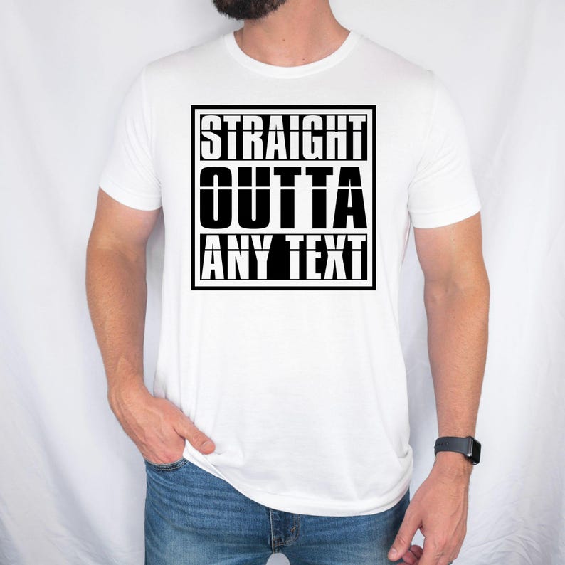 Personalised Straight Outta Any Text T Shirt featuring a bold custom typography design that can be customised with any wording, name, slogan, quote or message. This premium printed custom t shirt is ideal for creating unique personalised clothing for everyday wear, special events and memorable occasions. Professionally printed in the UK using high quality DTF printing for durability and comfort.