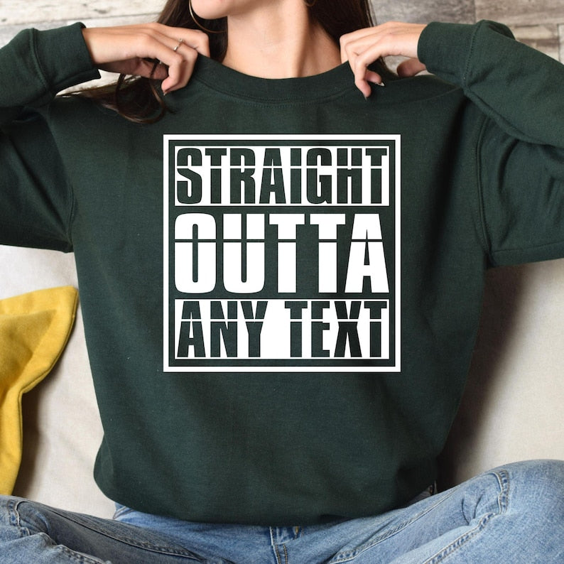 Personalised Straight Outta sweatshirt, custom city name jumper, custom location crewneck, personalised travel sweatshirt, custom town sweatshirt, personalised country jumper, city pride clothing, custom text sweatshirt, personalised graphic crewneck, custom wording sweatshirt, UK personalised clothing, personalised gift for him and personalised gift for her.