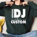 Premium personalised DJ crewneck featuring Official DJ typography, custom name and heartbeat waveform artwork. Perfect for professional DJs, wedding DJs, mobile entertainers, music producers, club performers and electronic music lovers. Professionally printed in the UK by TeezoraPrints using premium materials for exceptional comfort and long-lasting wear.