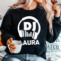 Personalised DJ sweatshirt with custom DJ name, headphones graphic and modern typography for disc jockeys, music producers and EDM artists. Perfect for festivals, club performances, studio sessions and casual wear. Every premium crewneck sweatshirt is professionally printed in the UK by TeezoraPrints with exceptional print quality and lasting durability.
