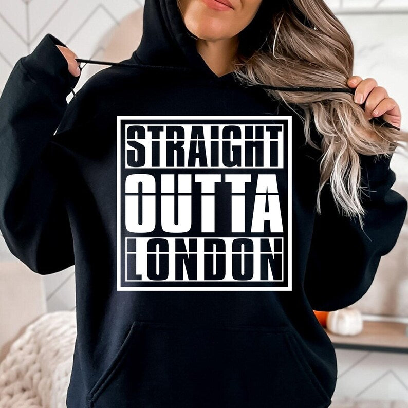 Straight Outta Any Text Hoodie featuring a bold customisable typography design printed on a premium unisex hoodie. Personalise the text with any name, quote, slogan, business wording or funny phrase to create a unique custom hoodie. Professionally printed in the UK using high quality DTF printing for long lasting wear and vibrant results.