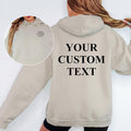 Personalised hoodie customised with any text, slogan, quote, name or business wording. Customers can create a unique front and back print design tailored to their specific requirements. Ideal for custom branding, personal messages, event clothing, matching outfits and one-of-a-kind personalised fashion.