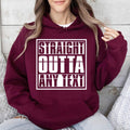 Straight Outta Any Text Hoodie featuring a bold customisable typography design printed on a premium unisex hoodie. Personalise the text with any name, quote, slogan, business wording or funny phrase to create a unique custom hoodie. Professionally printed in the UK using high quality DTF printing for long lasting wear and vibrant results.