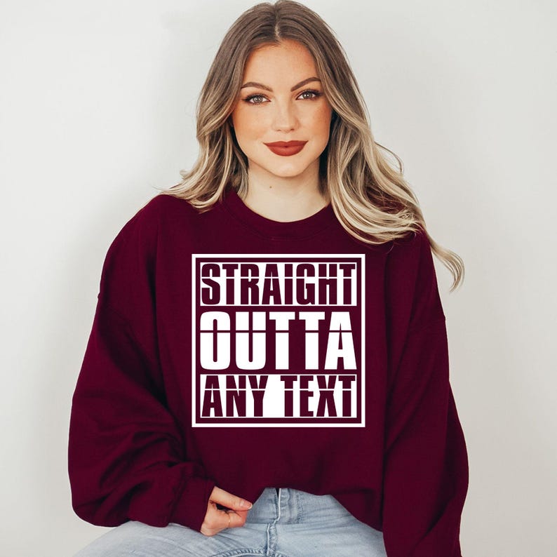 Straight Outta custom sweatshirt with personalised location text, custom city sweatshirt, personalised hometown jumper, custom destination crewneck, personalised place name sweatshirt, custom wording sweatshirt, city pride jumper, travel lover gift, personalised graphic sweatshirt, custom typography clothing, personalised statement jumper and custom printed crewneck.
