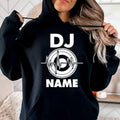 Personalised DJ hoodie featuring a custom DJ name with heartbeat turntable artwork for club performers, producers and EDM artists. Perfect for festivals, recording studios, nightclub events and everyday wear. Every premium hoodie is professionally printed in the UK by TeezoraPrints with durable print quality.
