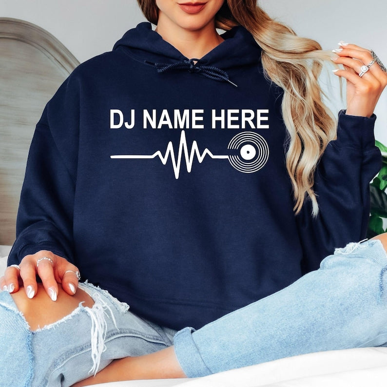 personalised DJ hoodie, custom DJ hoodie, DJ heartbeat hoodie, DJ name hoodie, vinyl record hoodie, music producer hoodie, disc jockey hoodie, festival hoodie, EDM hoodie, personalised music gift, premium graphic hoodie, UK printed hoodie by TeezoraPrints.