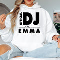 Custom Official DJ Heartbeat Hoodie with personalised name for DJs, disc jockeys, music producers and electronic music enthusiasts. Featuring a modern heartbeat graphic and bold typography, this premium hoodie is professionally printed in the UK by TeezoraPrints and is ideal for festivals, club nights, studio sessions and everyday wear.