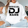 Personalised Official DJ hoodie featuring a custom DJ name and bold typography for DJs, music producers, club performers and festival artists. Perfect for music festivals, nightclub events, studio sessions and everyday wear. Every premium hoodie is professionally printed in the UK by TeezoraPrints with vibrant colours and long-lasting print quality.