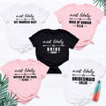 Personalised hen party shirts featuring custom Bride, Bridesmaid, Maid of Honour, Mother of the Bride and funny Most Likely To designs. Matching bridal party t shirts personalised with names, roles and custom wording for hen weekends, bridal showers, girls trips, bachelorette parties and wedding celebrations, professionally produced by TeezoraPrints in the UK.