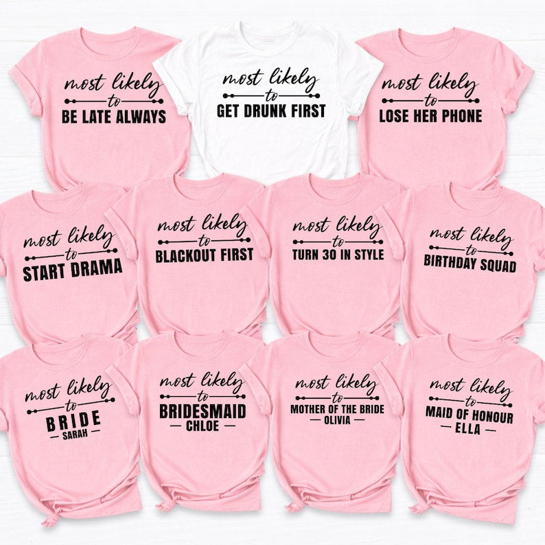 Personalised hen party shirts designed for brides, bridesmaids, maid of honour, mother of the bride and the entire bridal party. Customise every shirt with names, wedding roles or funny "Most Likely To" quotes to create matching outfits for friends and family celebrating together. Professionally printed in the UK by TeezoraPrints using premium quality materials for long-lasting comfort and vibrant colours.
