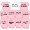 Personalised hen party shirts designed for brides, bridesmaids, maid of honour, mother of the bride and the entire bridal party. Customise every shirt with names, wedding roles or funny 