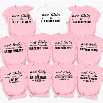 Personalised hen party shirts designed for brides, bridesmaids, maid of honour, mother of the bride and the entire bridal party. Customise every shirt with names, wedding roles or funny "Most Likely To" quotes to create matching outfits for friends and family celebrating together. Professionally printed in the UK by TeezoraPrints using premium quality materials for long-lasting comfort and vibrant colours.