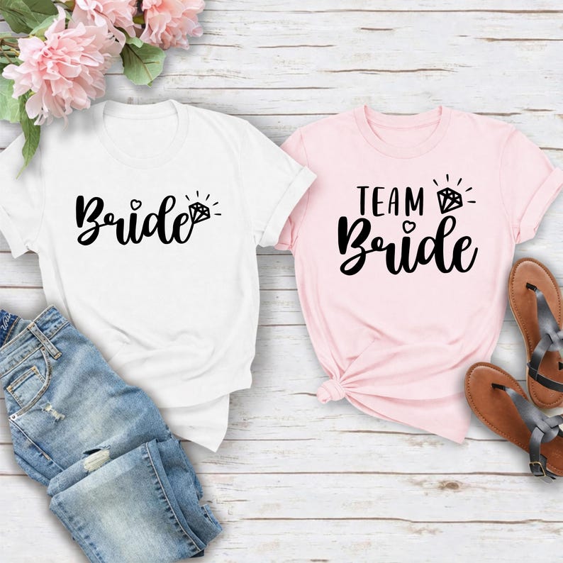 Personalised Team Bride shirts for bridal parties, bridesmaids and brides-to-be looking for stylish matching wedding outfits. Ideal for hen weekends, bridal showers, girls' holidays, wedding celebrations, rehearsal dinners and pre-wedding events. Every premium shirt is proudly printed in the UK by TeezoraPrints for comfort, durability and vibrant print quality.