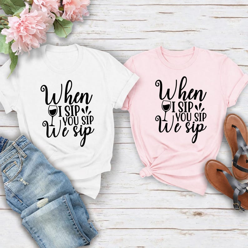 Celebrate every special moment with this When I Sip You Sip We Sip T Shirt, the perfect choice for wine lovers and best friends. Ideal for hen parties, girls' holidays, winery visits, birthdays and bridal showers, this premium graphic tee combines comfort with a fun statement design. Professionally printed by Teezora Prints, it's a thoughtful gift and matching outfit your group will love wearing again and again.