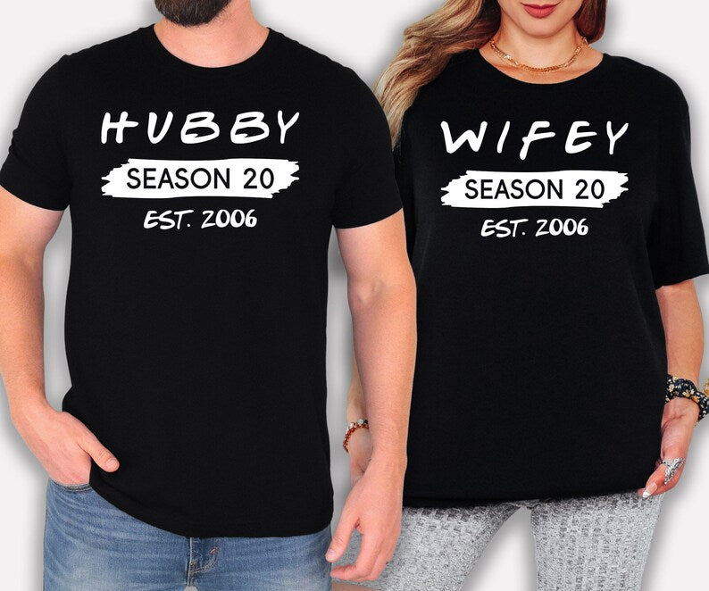Personalised Hubby Wifey Family Matching T Shirts created for husbands, wives, parents, couples, newlyweds, and families celebrating love and togetherness. Featuring custom Hubby and Wifey text with personalised season number and established year, this premium matching Family Tee from Teezora Prints offers exceptional comfort, premium print quality, and stylish everyday fashion for anniversaries, family photos, holidays, and memorable matching moments.
