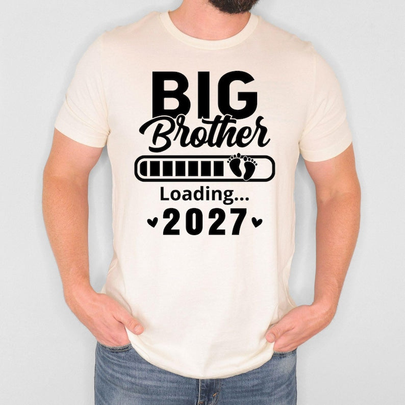Personalised Big Brother Loading T Shirt perfect for pregnancy announcements, gender reveal parties, sibling reveals, baby showers, family photoshoots, birthdays, Christmas celebrations and new baby introductions. This customised shirt helps families share exciting news while creating memorable photographs and meaningful keepsakes for future big brothers.