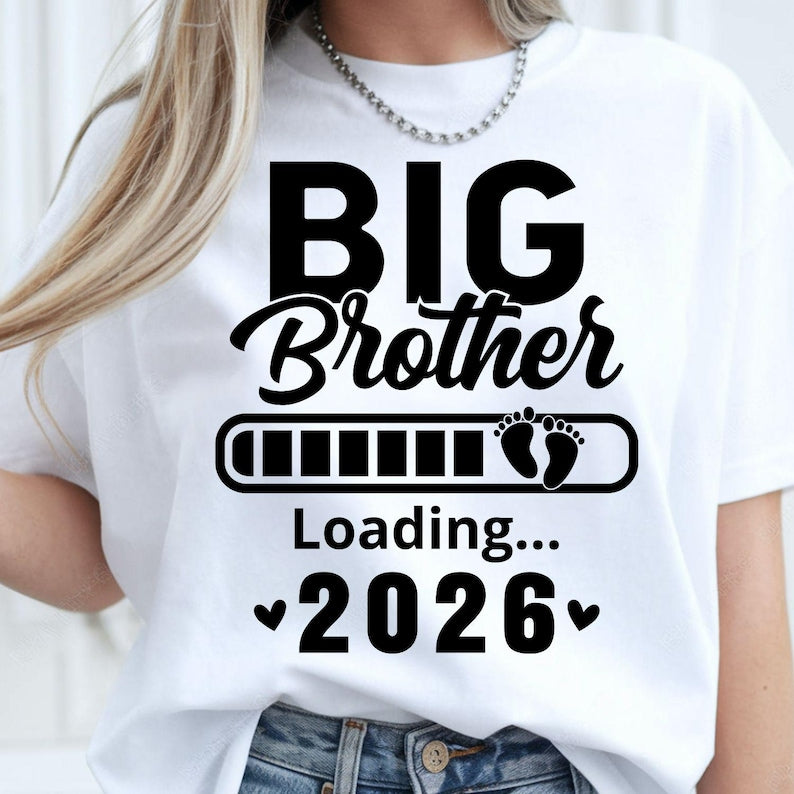 Custom Big Brother Loading T Shirt personalised with your chosen year to create a unique family keepsake. Featuring a loading bar design and baby footprint graphic, this shirt can be customised for pregnancy announcements, sibling reveals and family celebrations. A personalised garment designed to make special family moments even more memorable and meaningful.