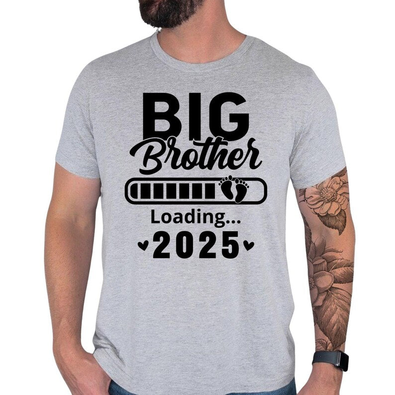 Stylish personalised big brother shirt featuring bold typography, loading bar graphics and baby footprints. The modern design creates an eye-catching look while remaining comfortable and versatile for everyday wear. This sibling announcement t shirt pairs easily with jeans, shorts and casual outfits, making it ideal for family occasions and daily use.
