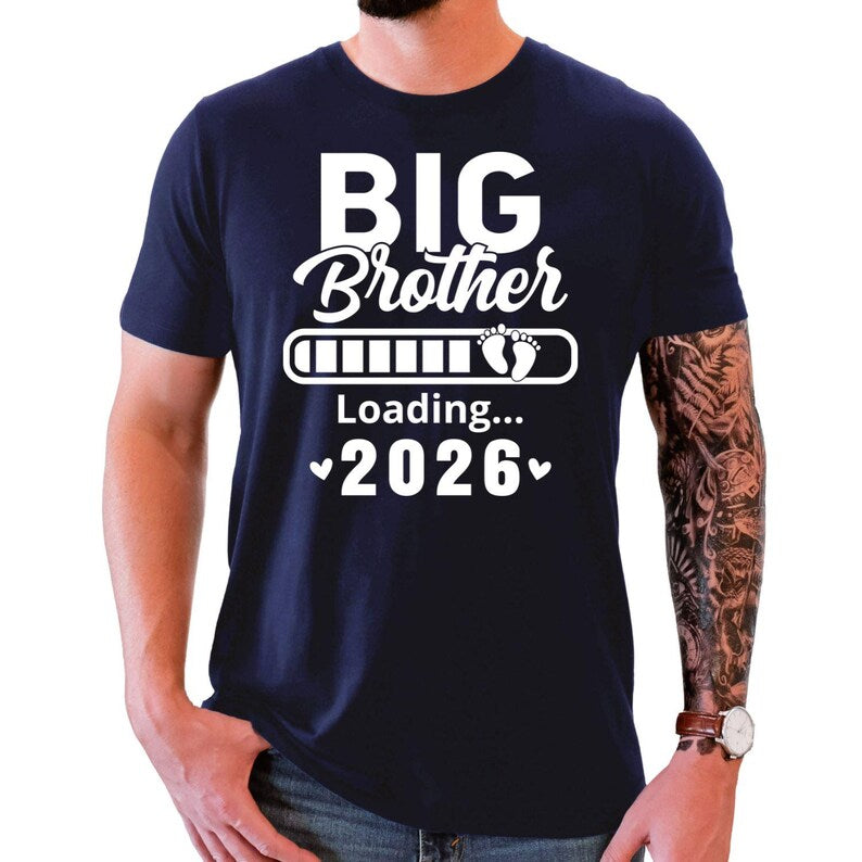 Personalised Big Brother Loading T Shirt featuring a custom year design, loading progress bar graphic and baby footprints. This premium printed sibling announcement shirt is designed to celebrate the exciting journey of becoming a big brother. Perfect for pregnancy announcements, family reveals and memorable family milestones. Professionally printed in the UK using high quality DTF printing for durability, comfort and long-lasting wear.