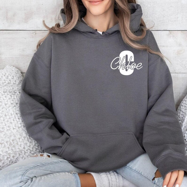 Personalised initial name hoodie, custom monogram hoodie, personalised letter hoodie, custom script name hoodie, personalised gift hoodie, monogram clothing, personalised women hoodie, custom name clothing, personalised fashion hoodie, elegant personalised hoodie, custom initial gift and premium personalised hoodie printed in the UK.