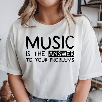 Music Is The Answer To Your Problems t shirt created for musicians, singers, music teachers, DJs, producers, guitarists, pianists, drummers, choir members, students, music lovers, and anyone who believes music makes every day better. Featuring a bold typography design with an uplifting message, this premium graphic tee celebrates creativity, passion, positivity, and self-expression while offering outstanding comfort, durable print quality, and stylish everyday fashion for concerts, rehearsals, festivals, an