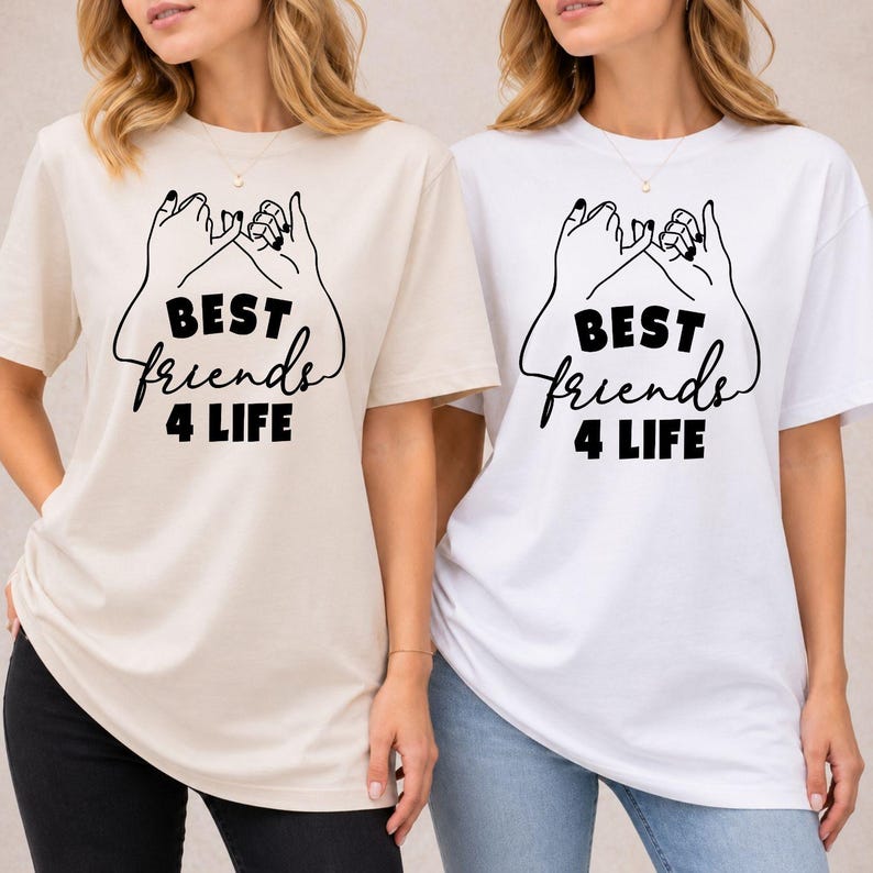 Best Friends 4 Life T Shirt created for best friends, BFFs, sisters, classmates, roommates, travel buddies, soul sisters, and lifelong friends who love celebrating their special bond. Featuring a pinky promise line art illustration with bold typography, this premium graphic tee from Teezora Prints combines comfort, premium quality, and stylish everyday fashion for unforgettable friendship moments.