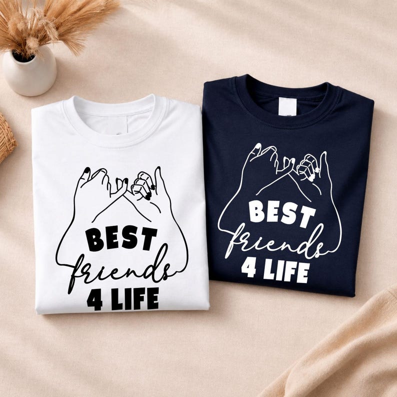 Best Friends 4 Life T Shirt featuring a minimalist pinky promise illustration designed for best friends, sisters, and BFFs. Teezora Prints creates premium apparel for customers searching matching friendship shirts, bestie tees, friendship clothing, BFF gifts, girls matching outfits, friendship graphic tees, premium casual apparel, and unique gifts for lifelong friends.