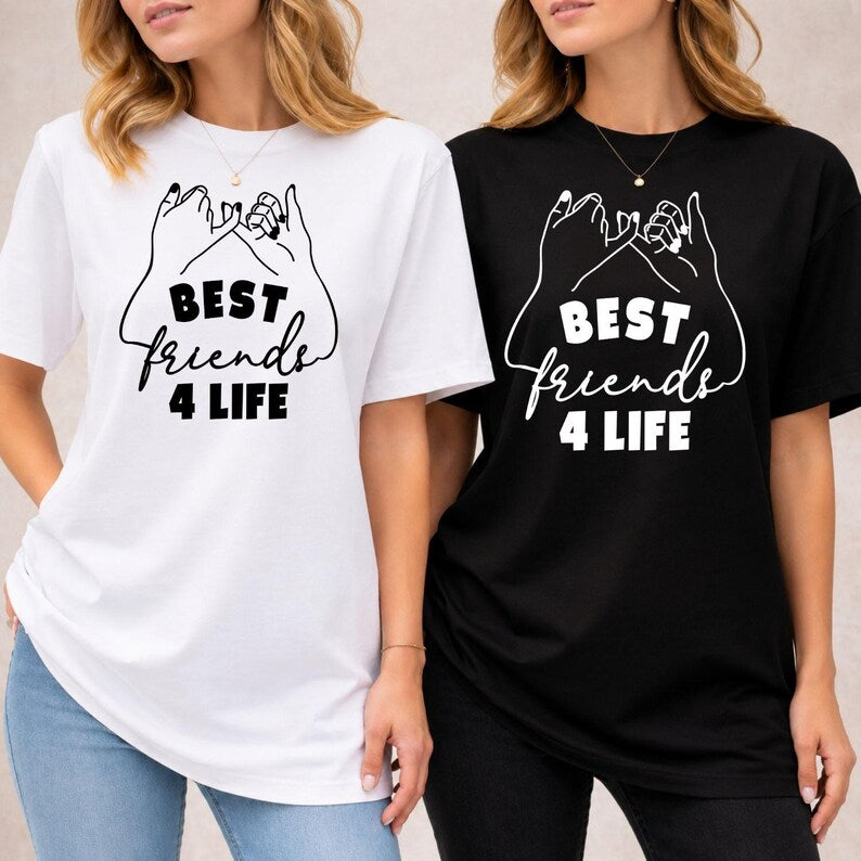 Best Friends 4 Life T Shirt created for best friends, BFFs, sisters, classmates, roommates, travel buddies, soul sisters, and lifelong friends who love celebrating their special bond. Featuring a pinky promise line art illustration with bold typography, this premium graphic tee from Teezora Prints combines comfort, premium quality, and stylish everyday fashion for unforgettable friendship moments.