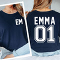 Personalised Sports Jersey T Shirt featuring a custom surname, personalised number, and varsity athletic design created for football fans, basketball players, esports teams, gamers, and sports enthusiasts. Teezora Prints offers premium custom apparel for customers searching personalised football shirts, gaming team tees, sports name shirts, custom number shirts, esports clothing, varsity apparel, and matching team outfits.