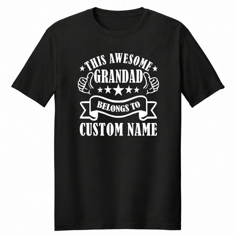 Custom grandpa t shirt featuring “This Awesome Grandad Belongs To” family quote with personalised names and decorative stars graphic design. Funny family themed unisex shirt ideal for Fathers Day presents, Christmas gifts, birthday surprises and casual everyday wear. Personalised grandad clothing designed for memorable family moments and meaningful keepsake gifting occasions.