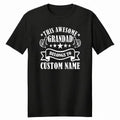 Custom grandpa t shirt featuring “This Awesome Grandad Belongs To” family quote with personalised names and decorative stars graphic design. Funny family themed unisex shirt ideal for Fathers Day presents, Christmas gifts, birthday surprises and casual everyday wear. Personalised grandad clothing designed for memorable family moments and meaningful keepsake gifting occasions.
