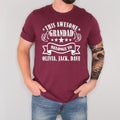 “This Awesome Grandad Belongs To” personalised t shirt featuring custom family names with bold typography and decorative star graphics. Sentimental grandad gift shirt designed for Fathers Day, Christmas gifting, birthday celebrations and family gatherings. Comfortable unisex family tee for grandfathers who enjoy personalised clothing with meaningful grandchildren inspired artwork and casual everyday fashion.
