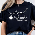 Personalised Teacher T Shirt created for teachers, teaching assistants, nursery teachers, primary school teachers, secondary school teachers, tutors, preschool educators, classroom assistants, homeschool teachers, and education professionals. Featuring a custom school name, teacher name, pencil illustration, and apple icon, this premium personalised teacher gift from Teezora Prints delivers exceptional comfort, premium print quality, and stylish classroom fashion for everyday teaching.
