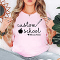Personalised Teacher T Shirt featuring custom school name and teacher name with an apple and pencil design created for teachers, tutors, nursery staff, and classroom assistants. Teezora Prints offers premium teacher apparel for customers searching personalised teacher gifts, custom school shirts, teacher appreciation clothing, classroom uniforms, education apparel, teacher fashion, back to school outfits, and personalised teaching shirts.