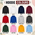 A color options chart for hoodies with the title 'HOODIE COLOURS' at the top. The chart shows 12 different hoodie colors arranged in a 3-by-4 grid, including black, white, navy, maroon, red, royal blue, sports grey, charcoal grey, green, pink, yellow/gold, and sky blue, each labeled with its name underneath.