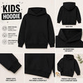 A kids' pullover hoodie shown in a collage layout with multiple views and feature callouts. The main view is the front of the hoodie, with additional views showing the back, hood close-up, sleeve cuff, front pocket detail, and a styled worn view.