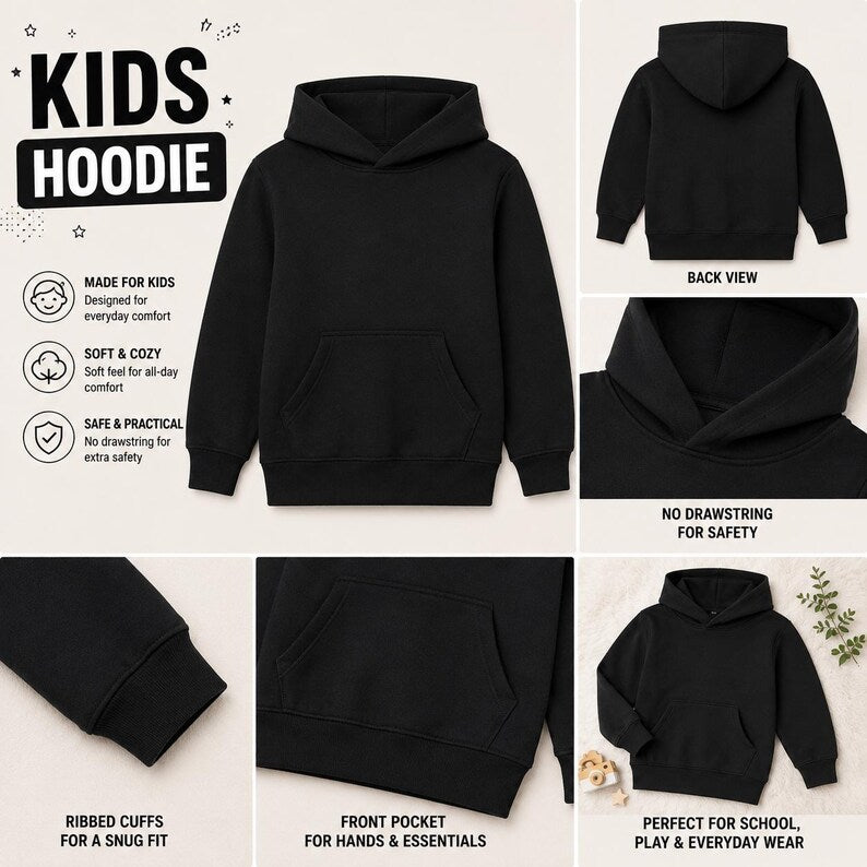 A kids' pullover hoodie shown in a collage layout with multiple views and feature callouts. The main view is the front of the hoodie, with additional views showing the back, hood close-up, sleeve cuff, front pocket detail, and a styled worn view.