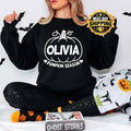Personalised Pumpkin Season sweatshirt featuring a custom printed name and bold pumpkin artwork, designed as a fun autumn jumper for pumpkin picking, Halloween celebrations, seasonal photographs and cooler days. This personalised sweatshirt is a thoughtful custom clothing gift for mums, sisters, friends, daughters and anyone who enjoys autumn traditions and pumpkin season.