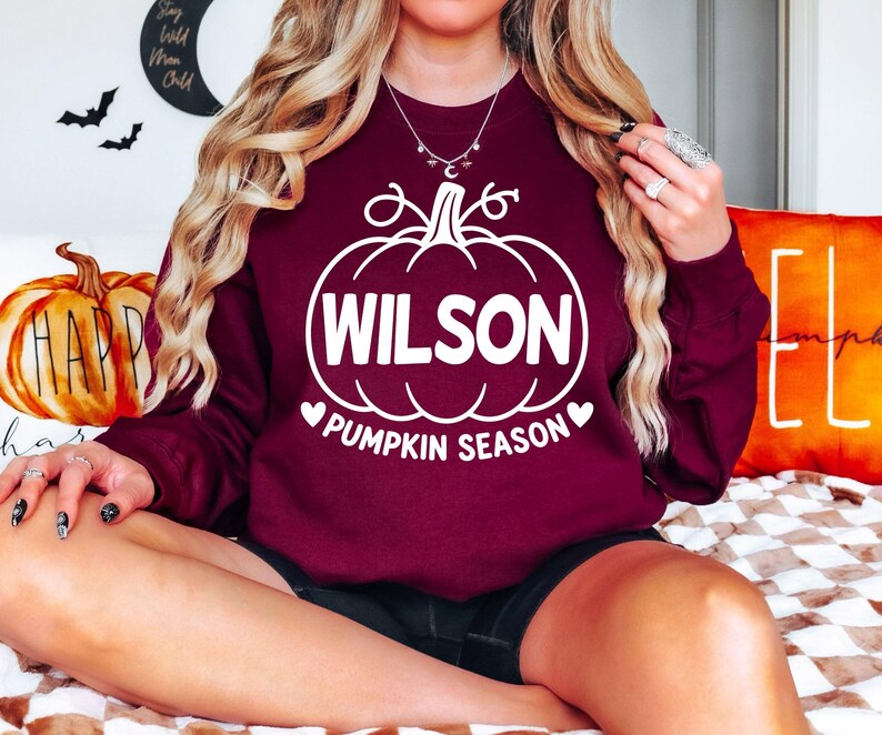 Custom Pumpkin Season jumper personalised with your chosen name and pumpkin-themed artwork. Perfect for pumpkin patch visits, Halloween events, autumn birthdays, seasonal celebrations and relaxed days during the cooler months. This personalised sweatshirt can be given as a thoughtful gift for her, gift for him, mum, sister, daughter, friend or anyone who loves autumn and pumpkin season.